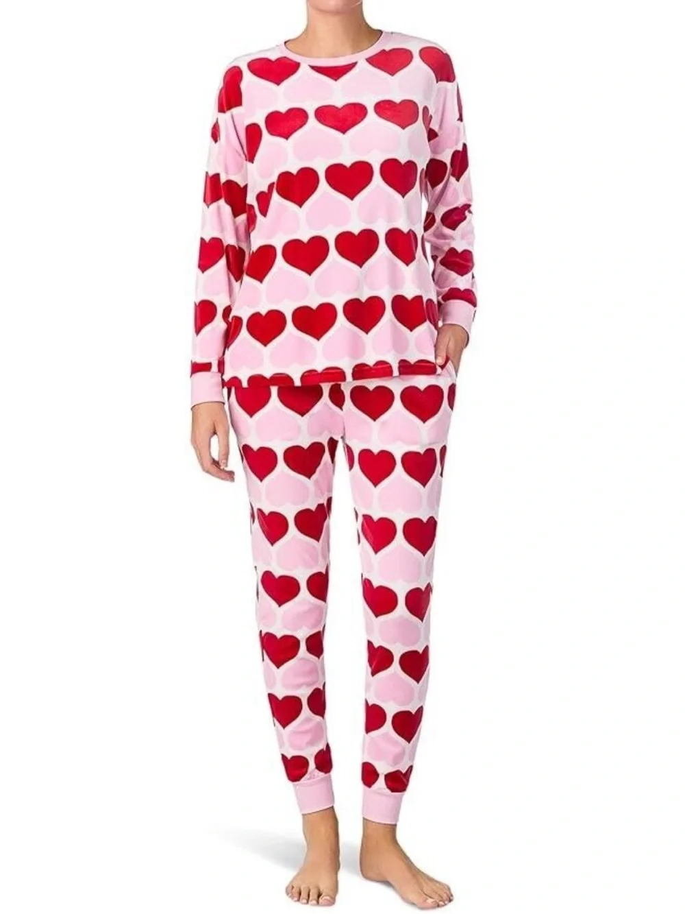 Kate Spade Pink & Red Heart Print Velour Pajama Set, size small